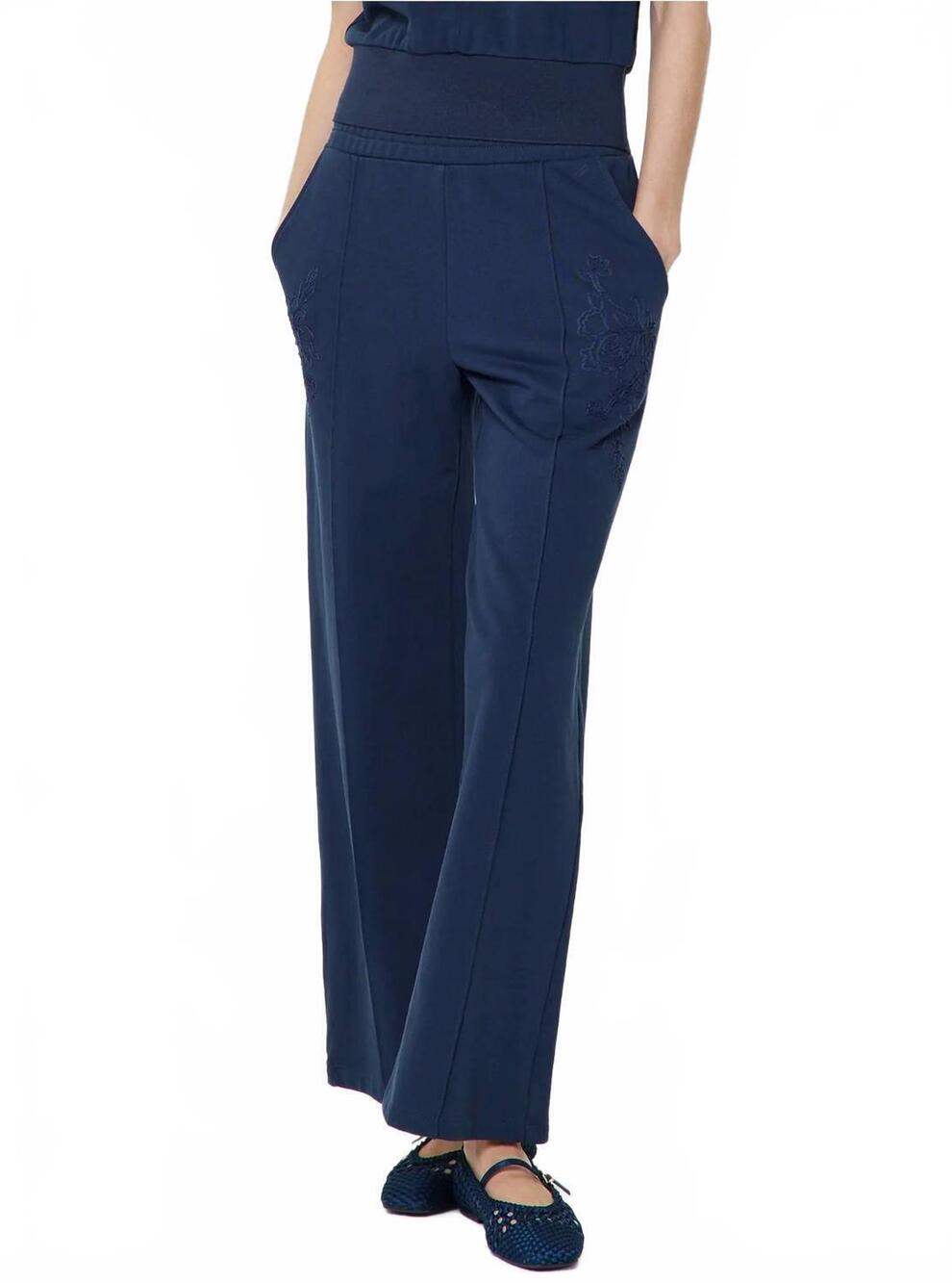 NEW CURRENT AIR embroidered wide leg drawstring pants in dark navy